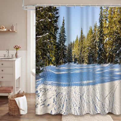 Winter Woods Snow Cross Country Skiing Shower Curtain with 12 Hooks