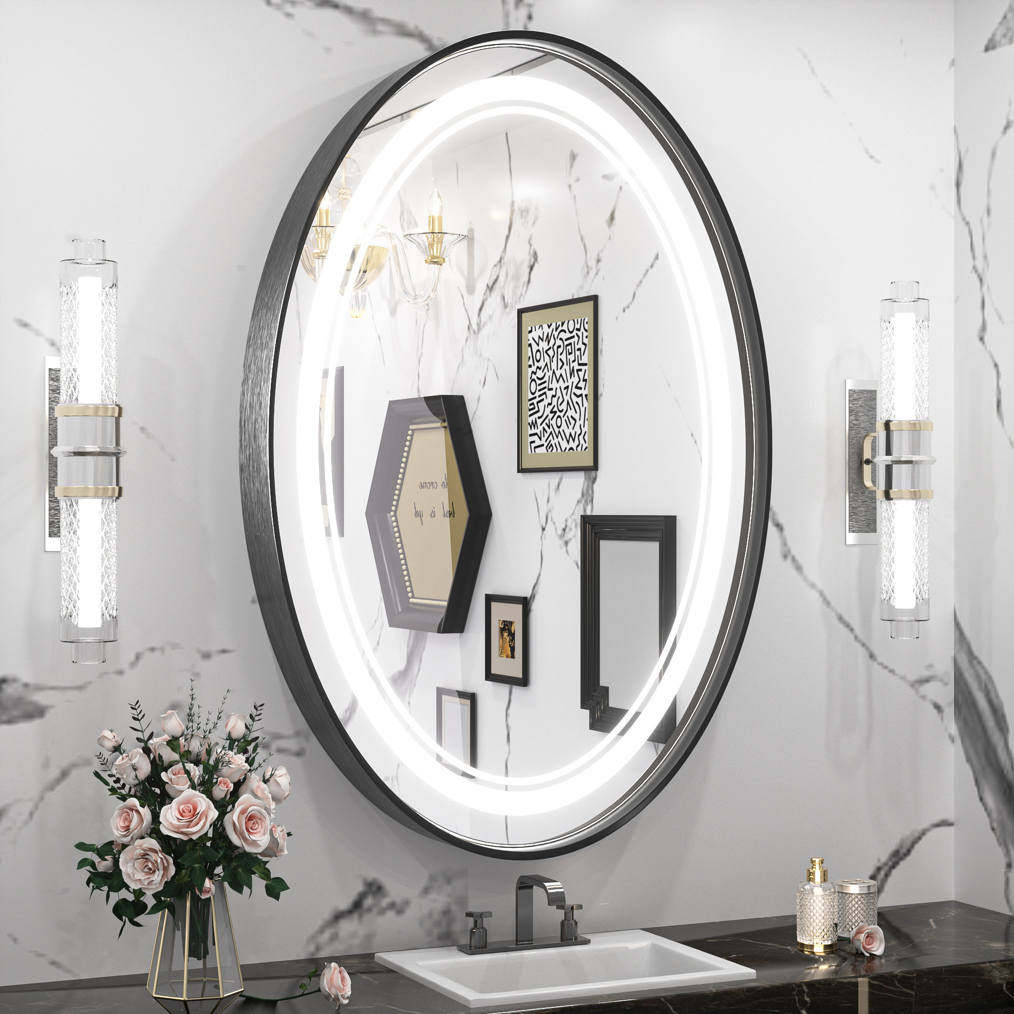 LED Black Framed Bathroom Vanity Mirror, Illuminated Dimmable Anti Fog Makeup Mirror, 3 Color Light Orren Ellis Size: 36 x 24