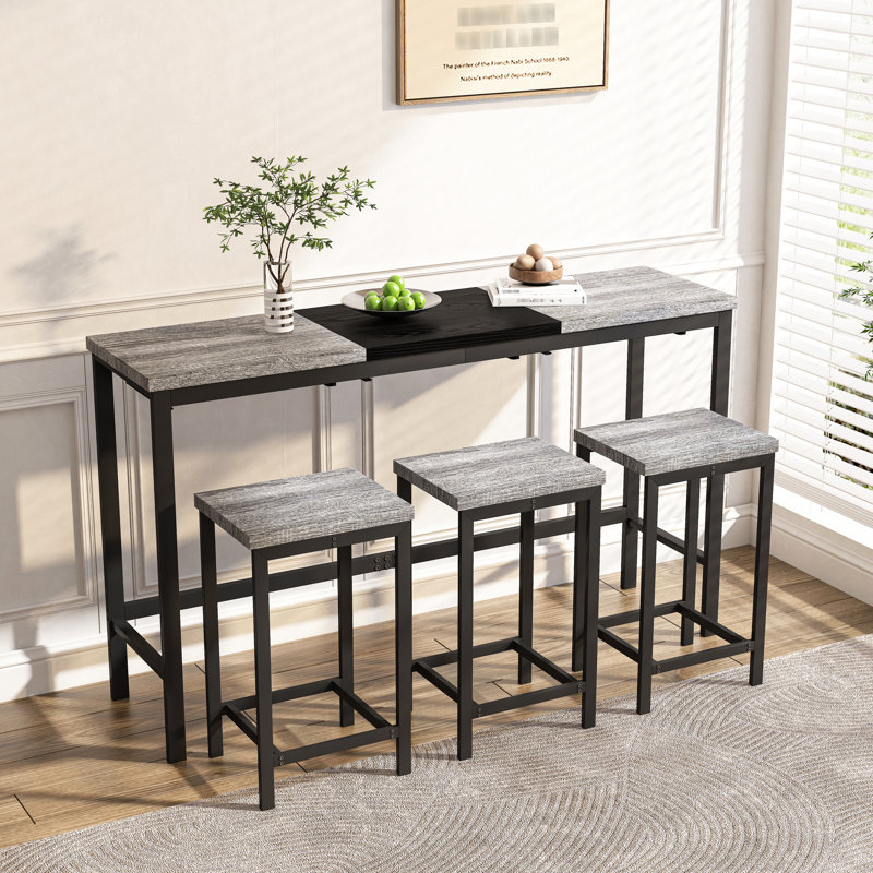 Table de salle à manger longue et 3 tabourets gris et noirs, tabouret suspendu gain de place, structure métallique à panneaux pour cuisine moderne avec tabourets noirs, style élégant