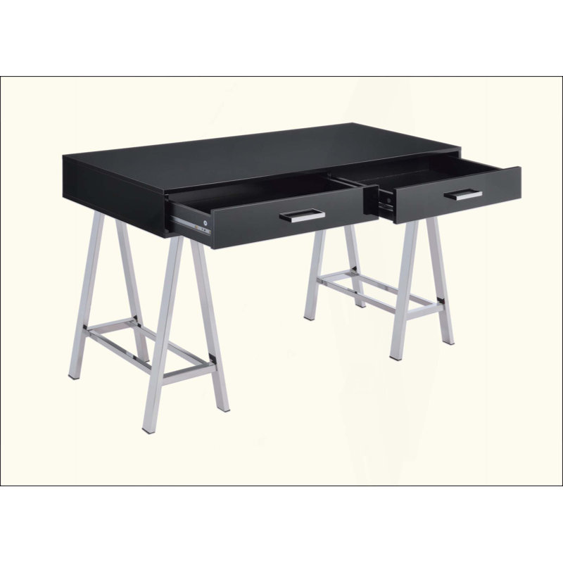 Bureau d'écriture moderne ultrabrillant avec tiroirs spacieux et base en métal robuste, parfait pour la maison ou le bureau