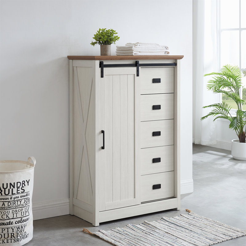 5 Drawers Dresser W/Sliding Barn Door, White