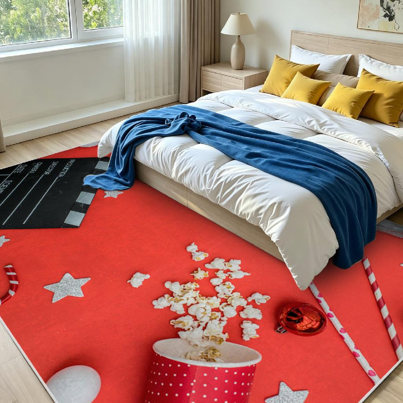 Tapis intérieur rouge lavable à la machine, motif billets de cinéma, clap de cinéma et popcorn, Rectangle 71 po x 98 po