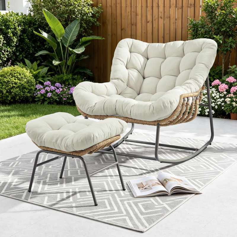 Charlcy Outdoor Wicker Rocking Chair With Ottoman And Cushions, Beige