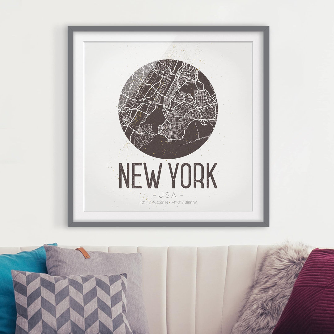 Gerahmter Grafikdruck New York Map - Retro