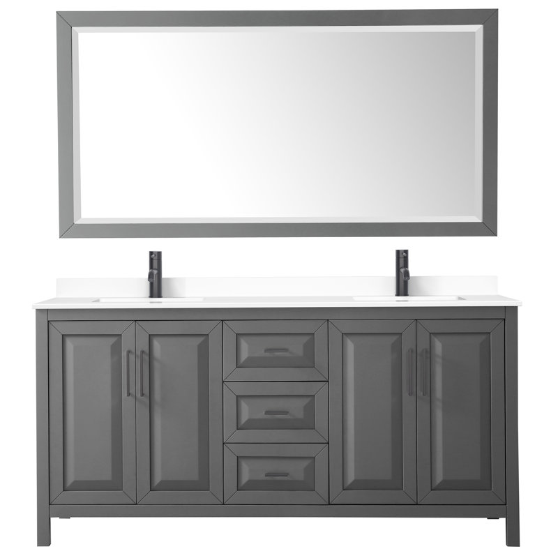 Ensemble de meuble-lavabo double 72 "avec miroir Daria, Marbre de culture de Carrare, Gris foncé, Chrome poli