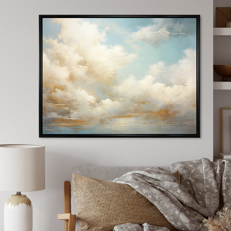 «Beige Gold Minimalisme Clouds I», reproduction sur toile, Cadre flottant noir, H 34 po x l 44 po x P 1,5 po