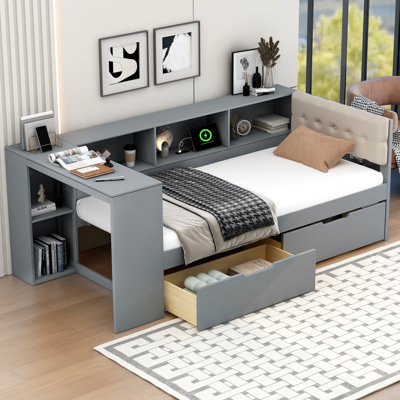 Lit plateforme avec tablettes de rangement, tiroirs, station de charge, tête de lit tapissier, crème