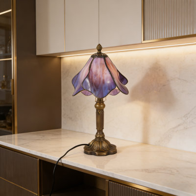 Tiffany Style Blue Purple Petal Stained Glass Table Lamp, Antique Bronze Resin Base, E26 Warm Bulb Included, Vintage Accent Lamp