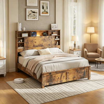 Industrial Wood Platform Bed With Storage Headboard, LED & Charging Station, No Box Spring Needed