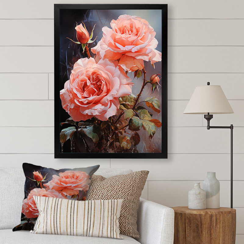 «Pink Roses», reproduction d'art sur toile, H 32 po x l 24 po, Cadre simple noir