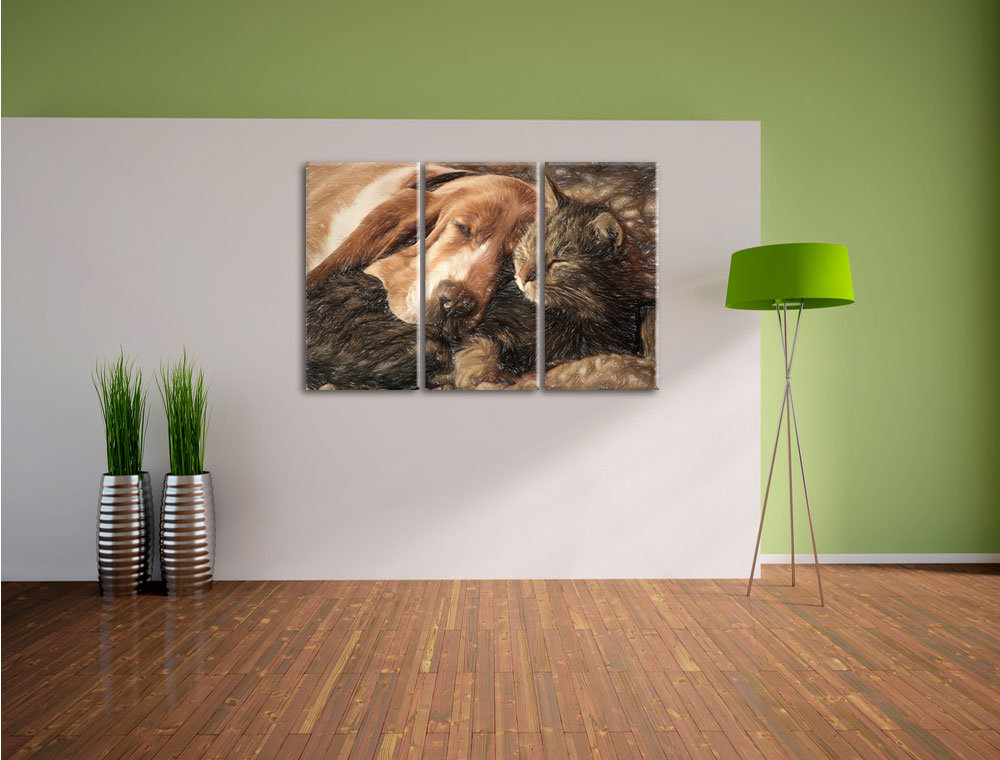 3-tlg. Leinwandbilder-Set „Katze und Hund kuschelnd“, Grafikdruck