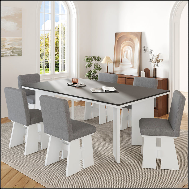 Ensemble de table de salle à manger moderne 7 pièces avec 6 chaises rembourrées, Blanc, Gris / Blanc, Gris