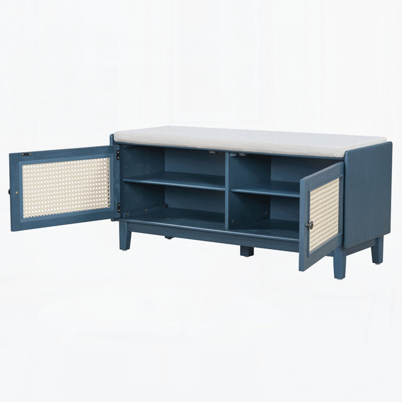 Banc d'entrée en rotin avec rangement Boho, Bleu marine antique / beige