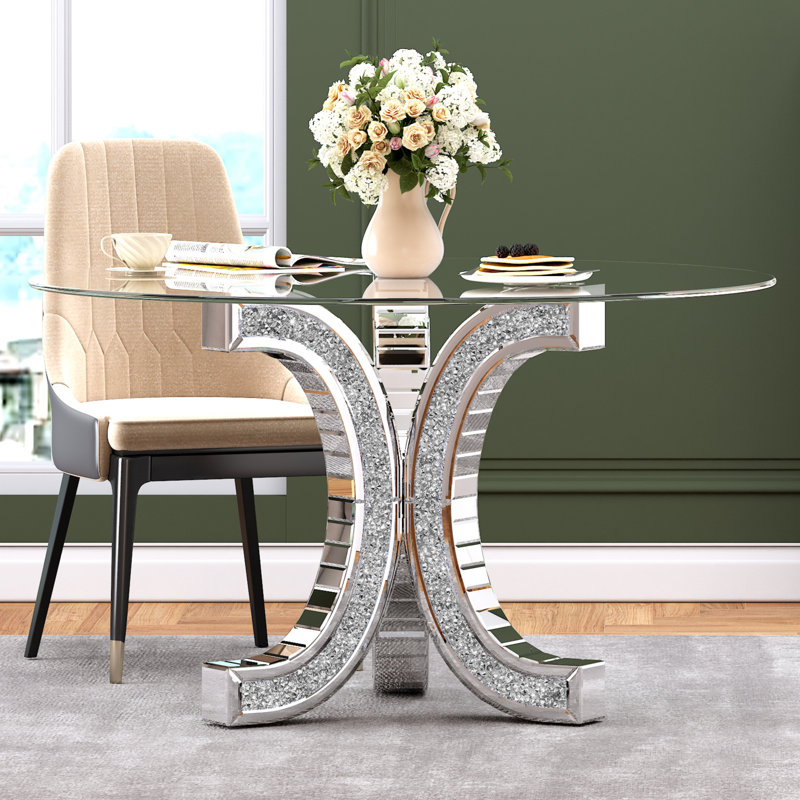 Douty 52''  Tempered Glass Dining Table Mirrored Crushed Diamond Inlay