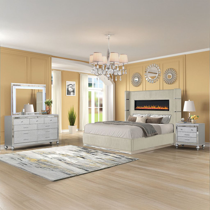 Jemere grand 3 pièces beige, Beige, Trois pièces : lit et deux tables de chevet, Grand lit