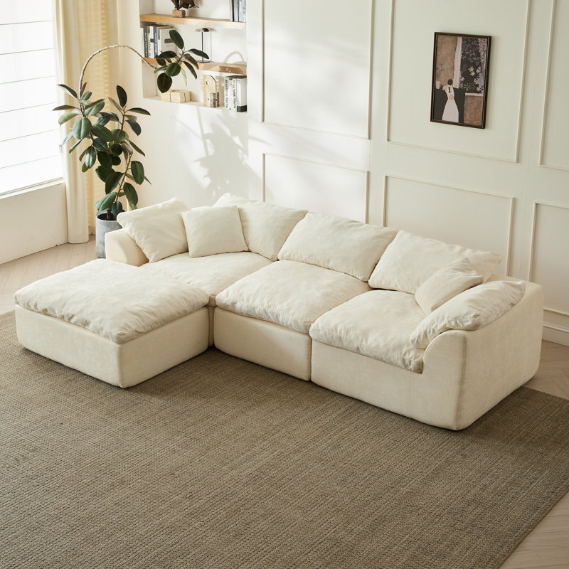 Boneless 109" Modern Cloud Couches For Living Room, Deep Seat Convertible L-shape Boneless Couch With Ottoman, Oversized Comfy 3-seater Couch Chenille Fabric Compressed Sofa Modular Sectional Sofa