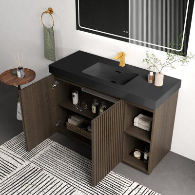 Meuble-lavabo 48 po en chêne fumé avec lavabo une pièce, style transitionnel, structure en bois massif, imperméable, rangement spacieux, fixation murale avec embout, charnières à fermeture en douceur, assemblage facile, personnalisation