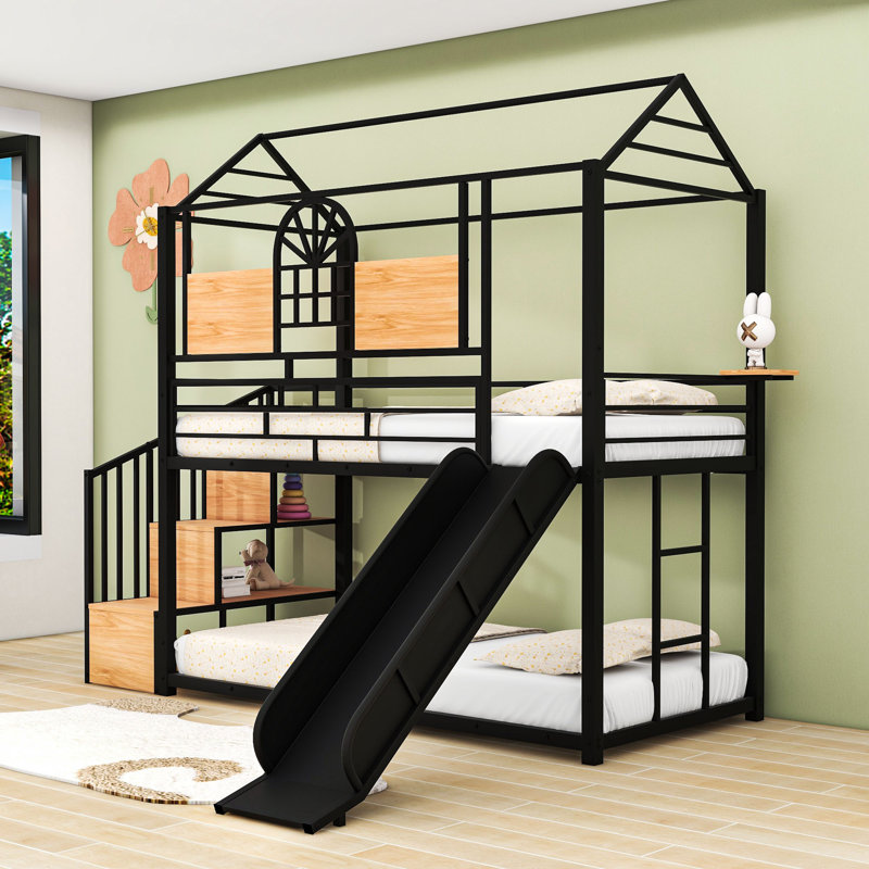 Lit superposé simple au-dessus de simple avec glissière intégrée, dispositifs de sécurité et escaliers de rangement