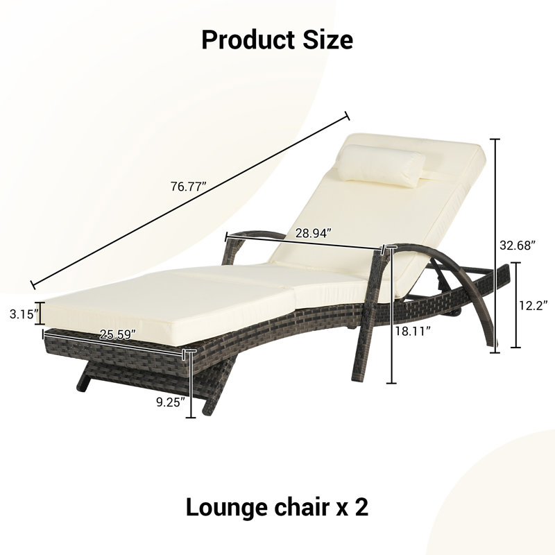 Ensemble de 2 chaises longues d'extérieur en osier avec coussins pour l'extérieur, Beige