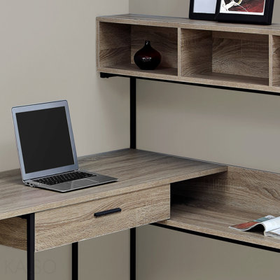 Computer Desk, Home Office, Corner, Storage Drawers, L Shape, Work, Laptop, Brown Laminate, Black Metal, Contemporary, Modern