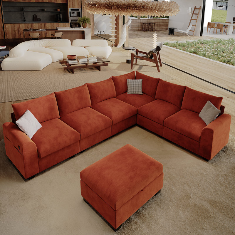 120 '' L-Shaped Modular Sectional Sofa, 6-Seater Cushioned Cloud Couch, With Ottoman Storage And USB, Orange
