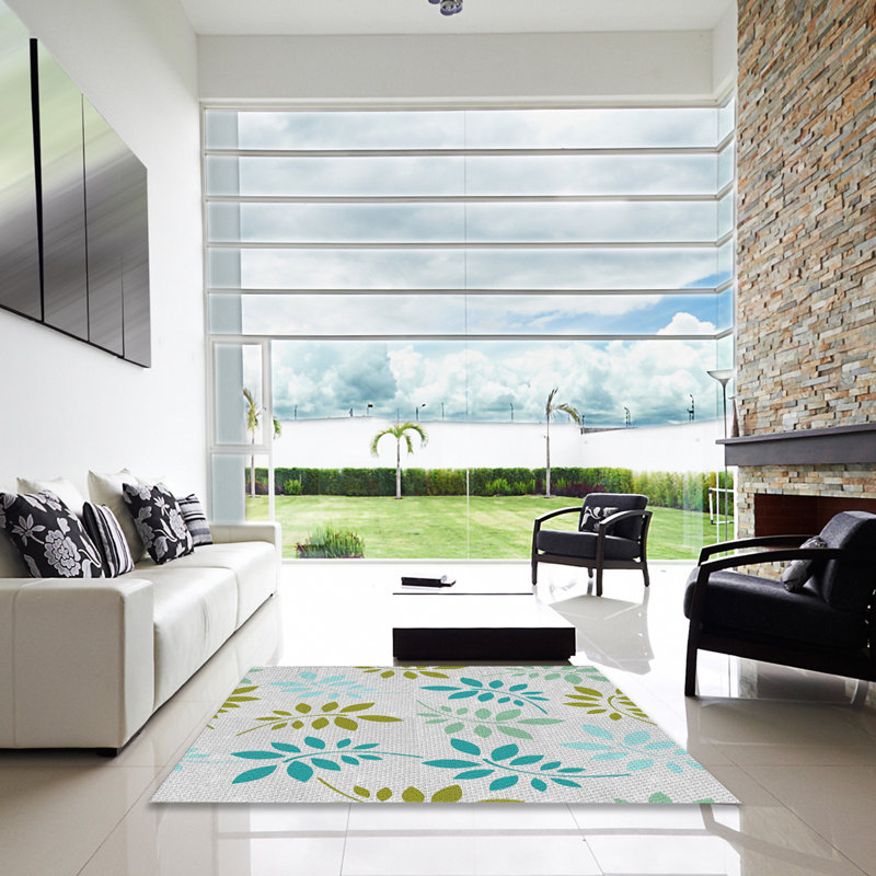 Laine tissée à la machine florale et polyester bleu/gris/vert Tapis décoratif, Carré 8 pi
