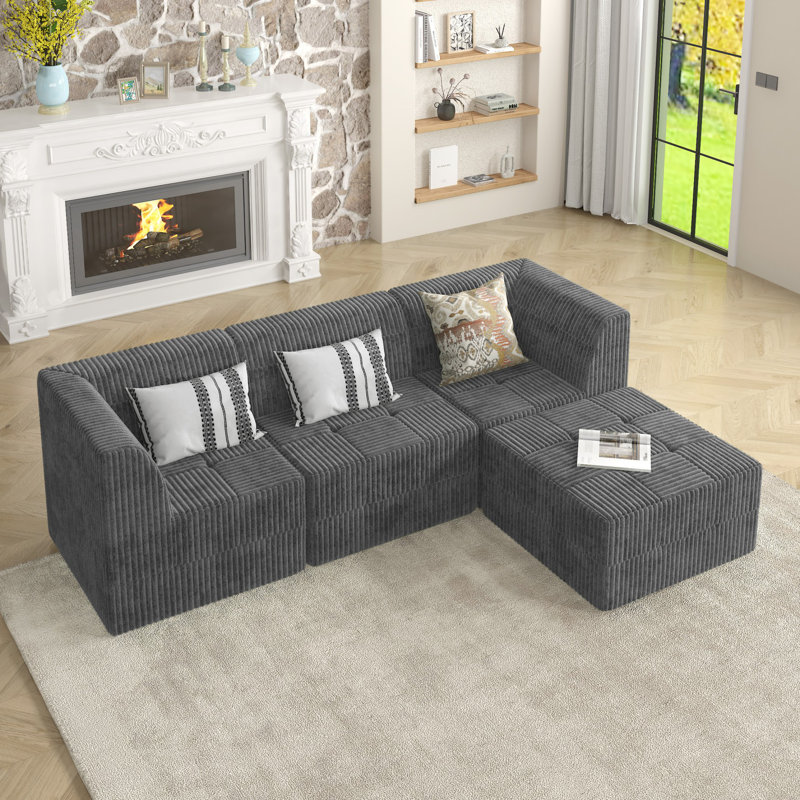 Canapé modulaire Boneless L, Velours côtelé gris