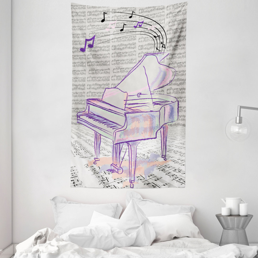 Wandteppich, Hand gezeichnet Doodle Musical, Beige und Lila