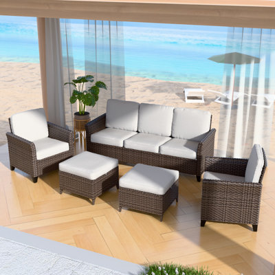 5-Piece Spacious Seating Group Patio Multi-brown Wicker Rattan Sofa Set with Cushions