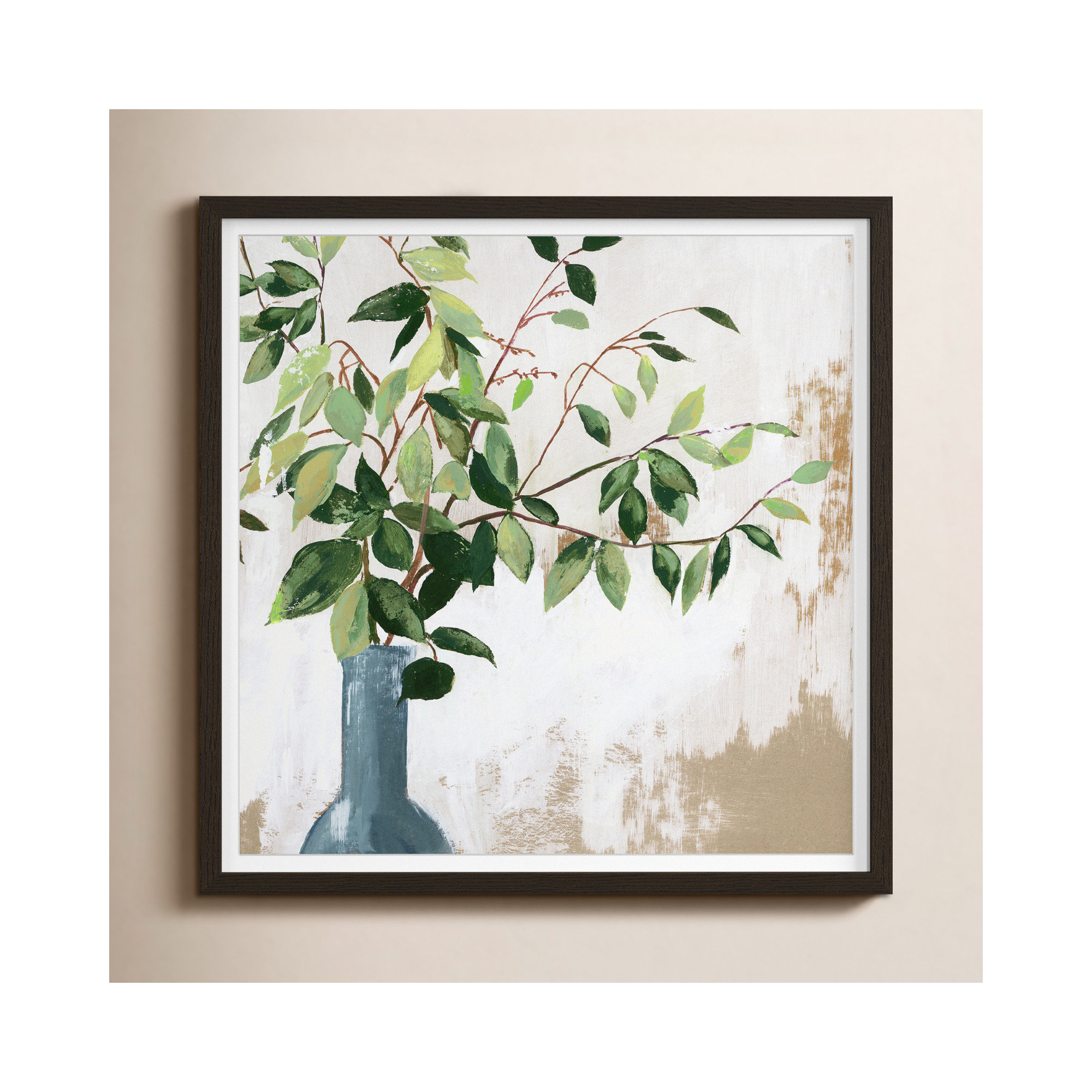 Green Fall Leaves by Asia Jensen - Picture Frame Painting, 32" H x 32" W x 0.75" D, Walnut Framed