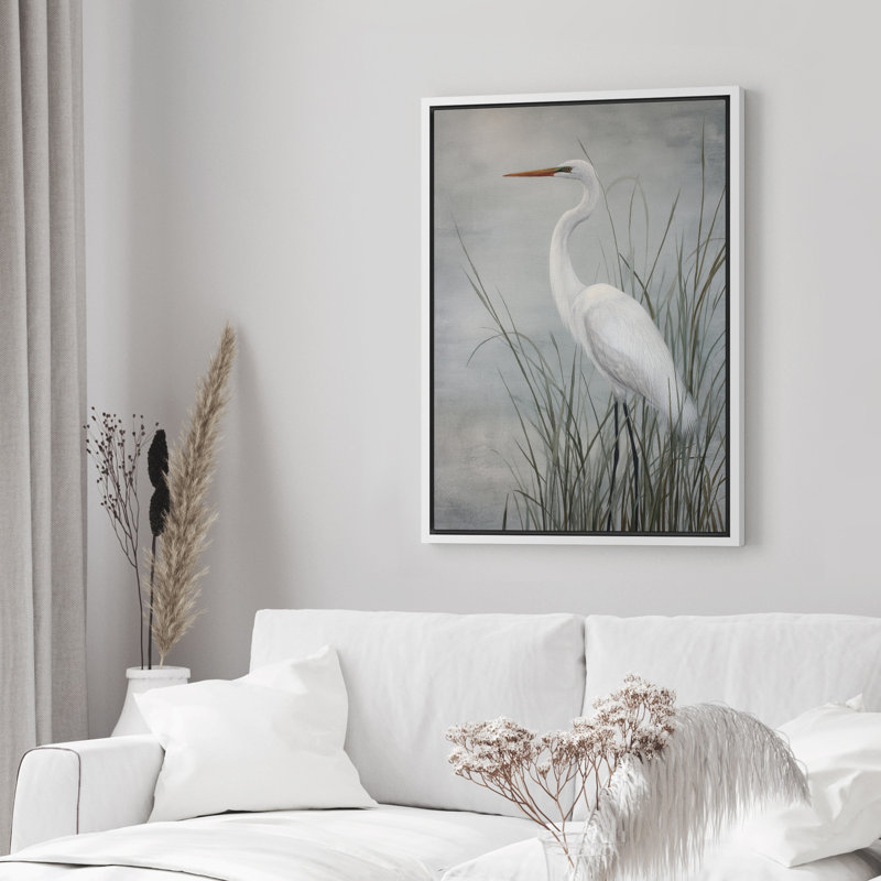 «White Egret in Tall Reeds» par Water, reproduction d'art sur toile encadrée dans la chambre principale, Blanc