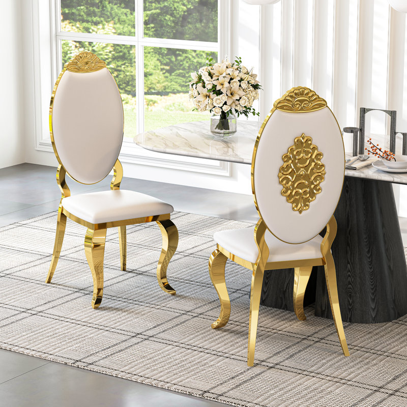 Kamien Solid Back Side Chair Dining Chair With Stainless Steel Legs, Gold, White
