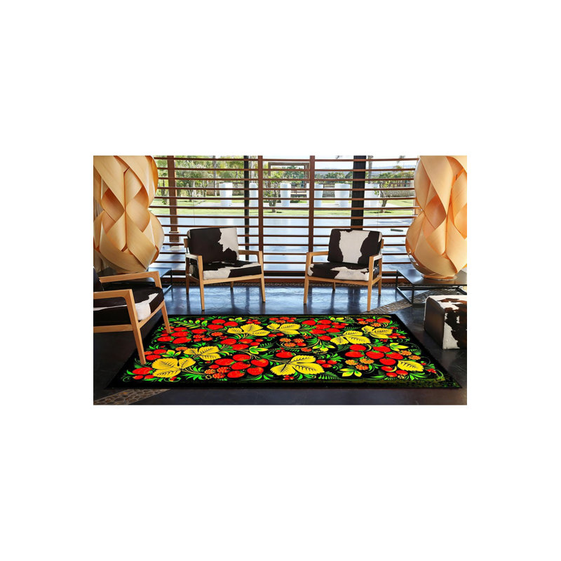 Tapis décoratif tissé à motif floral noir lavable, Sous-tapis rectangulaire de 3 pi 3 po x 4 pi 11 po