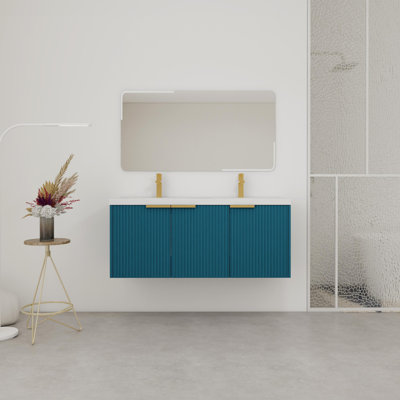 Wall Mounted Bathroom Vanity with Resin Double Sink & Soft-Close Doors