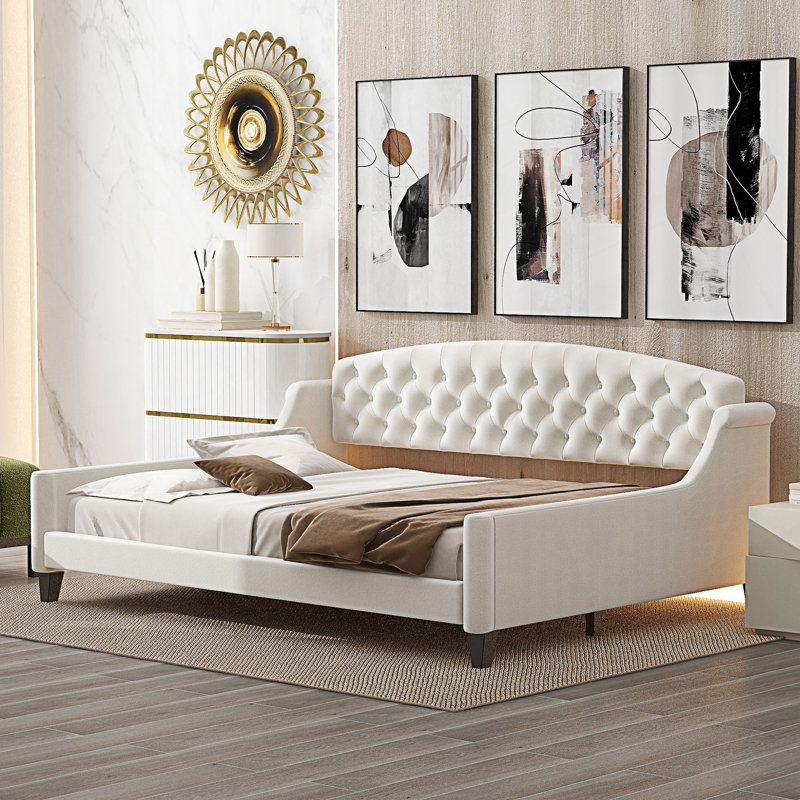 Lit de jour capitonné moderne de luxe de style moderne, lit de jour double, Beige