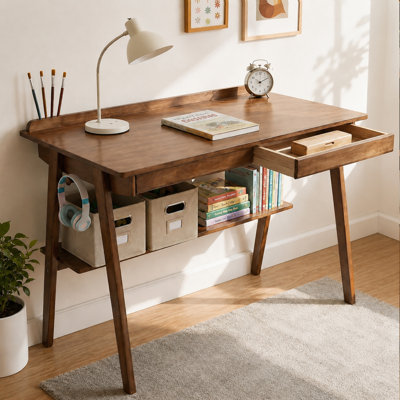 Bureau d'écriture en bois massif avec tablettes de rangement et crochets latéraux