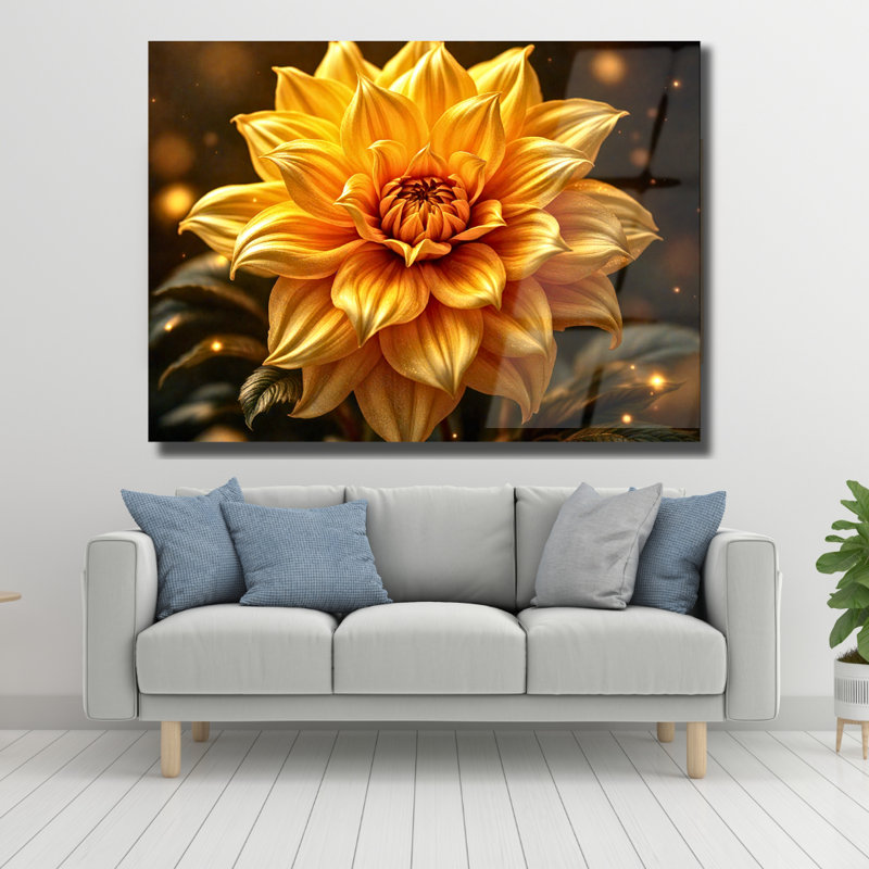 Tableau mural en verre trempé Fleur dorée, H 30 po x l 40 po