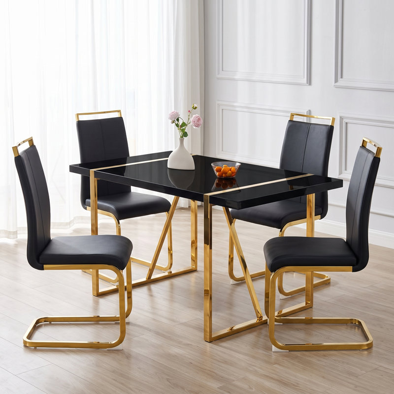 5-Piece Modern Rectangular High-Gloss Dining Set with Faux Leather Cantilever Chairs, Black, Black/Gold