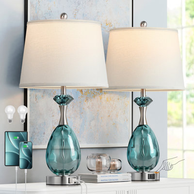 26" Coastal Glass Table Lamps Set of 2, 3-Way Dimmable Touch Control Bedside Lamp with USB A+C Ports