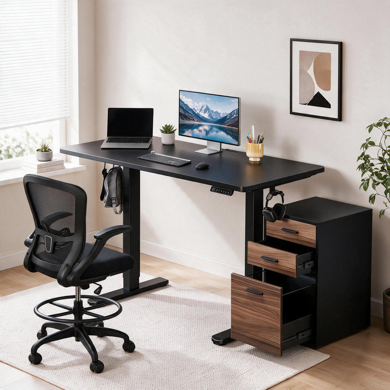 Ensemble de bureau 3 pièces : bureau assis-debout électrique réglable en hauteur (122 cm) avec 4 positions mémorisables, système de gestion des câbles et crochets ; chaise de dessin ergonomique avec support lombaire, accoudoirs relevables et repose-pieds ajustables ; et un classeur en bois à 3 tiroirs.