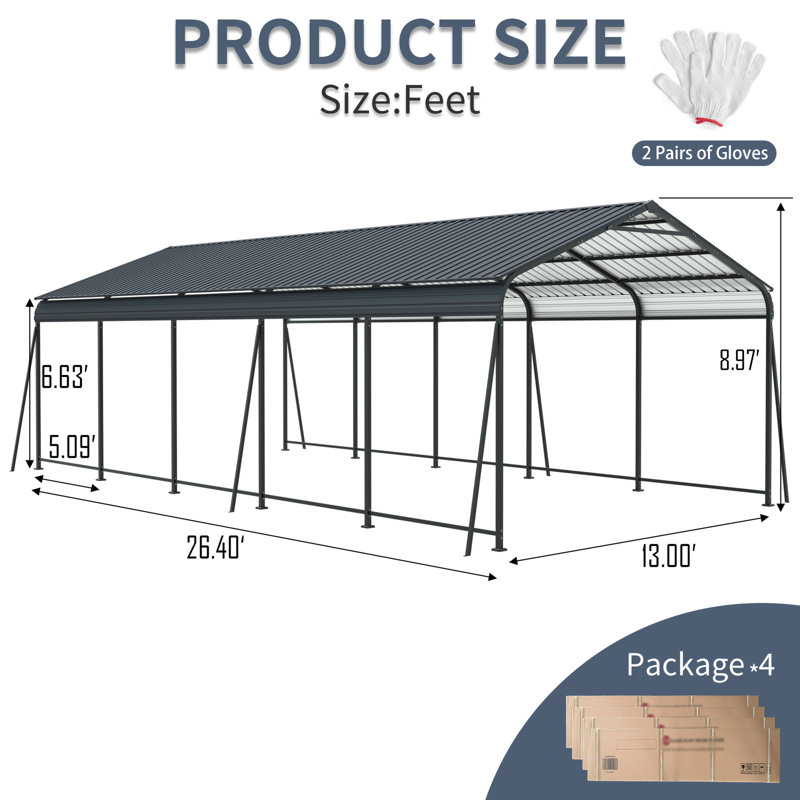 1326.5 Ft Heavy Duty Carport Canopy, Metal Structure With High - Strength Weather Design, Vertical Stripe Roof For Fast Snow And Rain Discharge, Ideal Vehicle Protection Garage Reinforced Base,