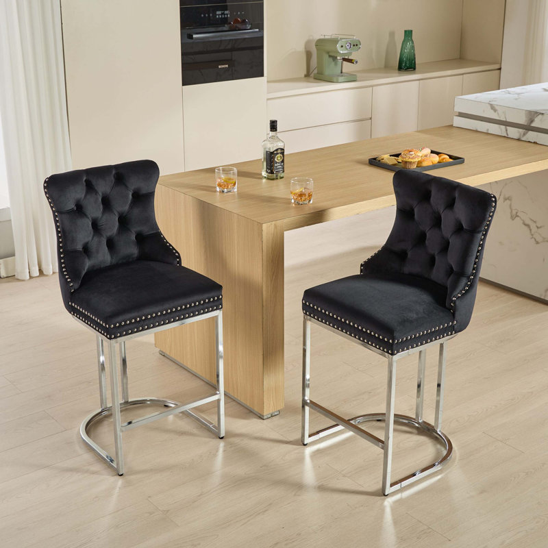 Adam 26" Counter Height Bar Stools Set of 2, Modern Velvet Barstools with Button Back&Rivet Trim Upholstered Kitchen Island Chairs with Sturdy Chromed Metal Base Legs Farmhouse Bar Stools, (2 Pack)