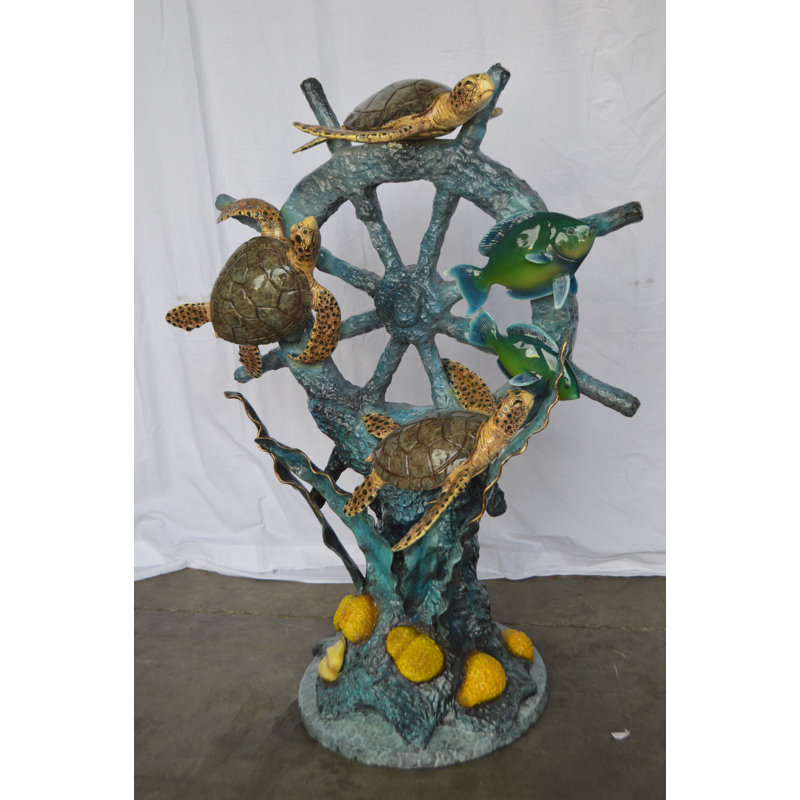 Statue en bronze avec ancre de bateau coulé et tortues - Taille: L 39 po x l 23 po x H 51 po.
