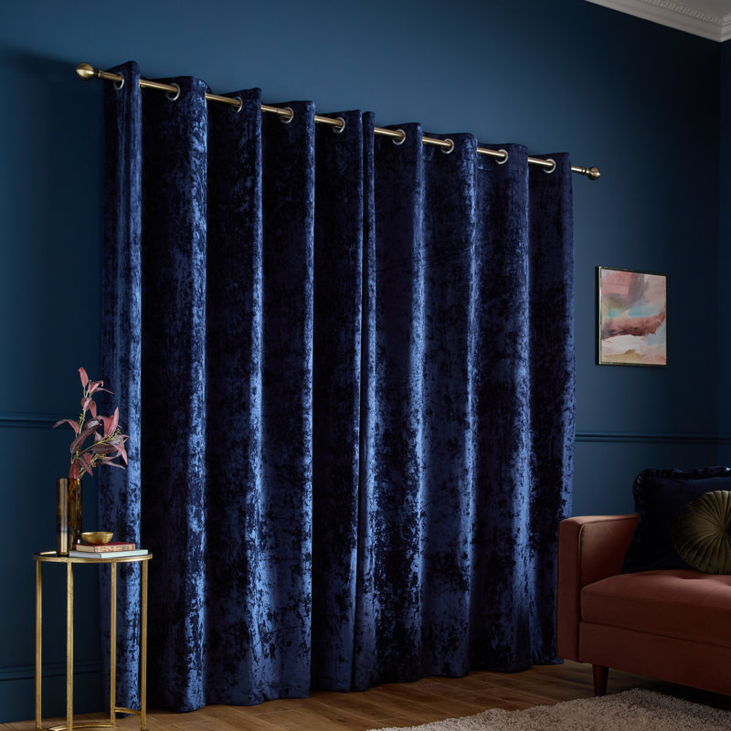 Crushed Velvet Eyelet Sheer Curtains, Navy Blue, 66 x 72 Inch