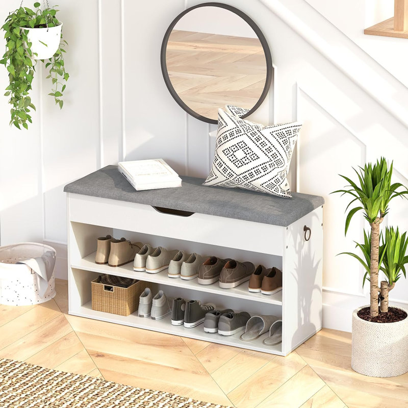Shoe Storage Bench With Cushion, Entryway Bench With Lift Top Storage Box, 2-Tier Shoe Rack Bench, Adjustable Shelf, For Hallway, Bedroom, Cloakroom, White And Grey