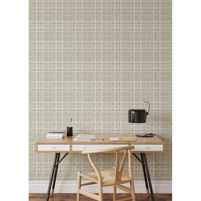 Clark Plaid 10' L x 24" W Wallpaper Roll, Berteau Beige, Faux Grasscloth, Non-pasted