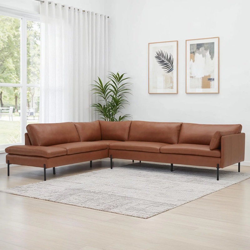 Canapé et chaise longue en cuir véritable de 115 po Ambere Anikka, Cuir véritable cognac, Orienté vers la gauche