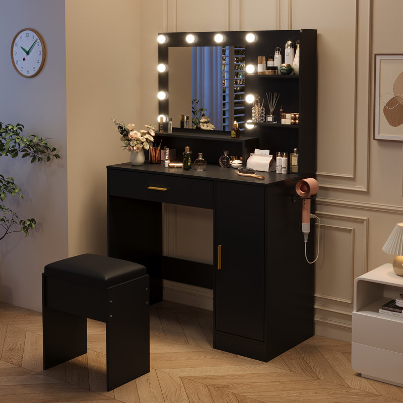 Modern Vanity Desk with HD Mirror & 10 LED Bulbs, 3 Lighting Modes, USB & Type-C Charging Station, Hairdryer Rack, Ample Drawers