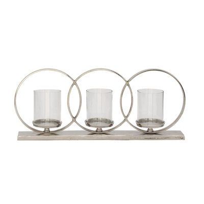 Aluminum Metal Overlapping Rings Pillar 3 Plate Geometric Decorative Silver Candelabra