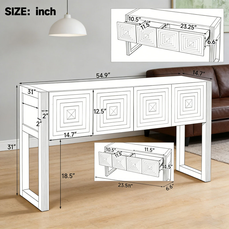 Carved Console Table with 3 Soft-Close Drawers, Black